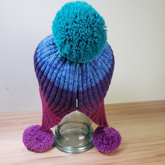 Muk Luks Big Pom Beanie‎ Hat Chunky Knit Purple Blue Ombre Whimsical Winter Cap - Picture 3 of 8